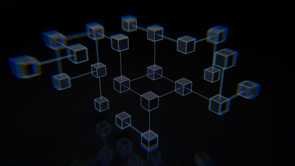 An abstract digital illustration of a blockchain network, representing crypto marketing, trust, and decentralized technology.