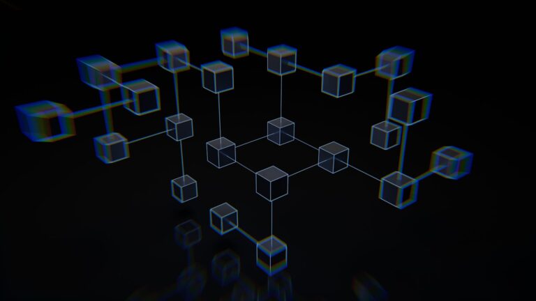 An abstract digital illustration of a blockchain network, representing crypto marketing, trust, and decentralized technology.